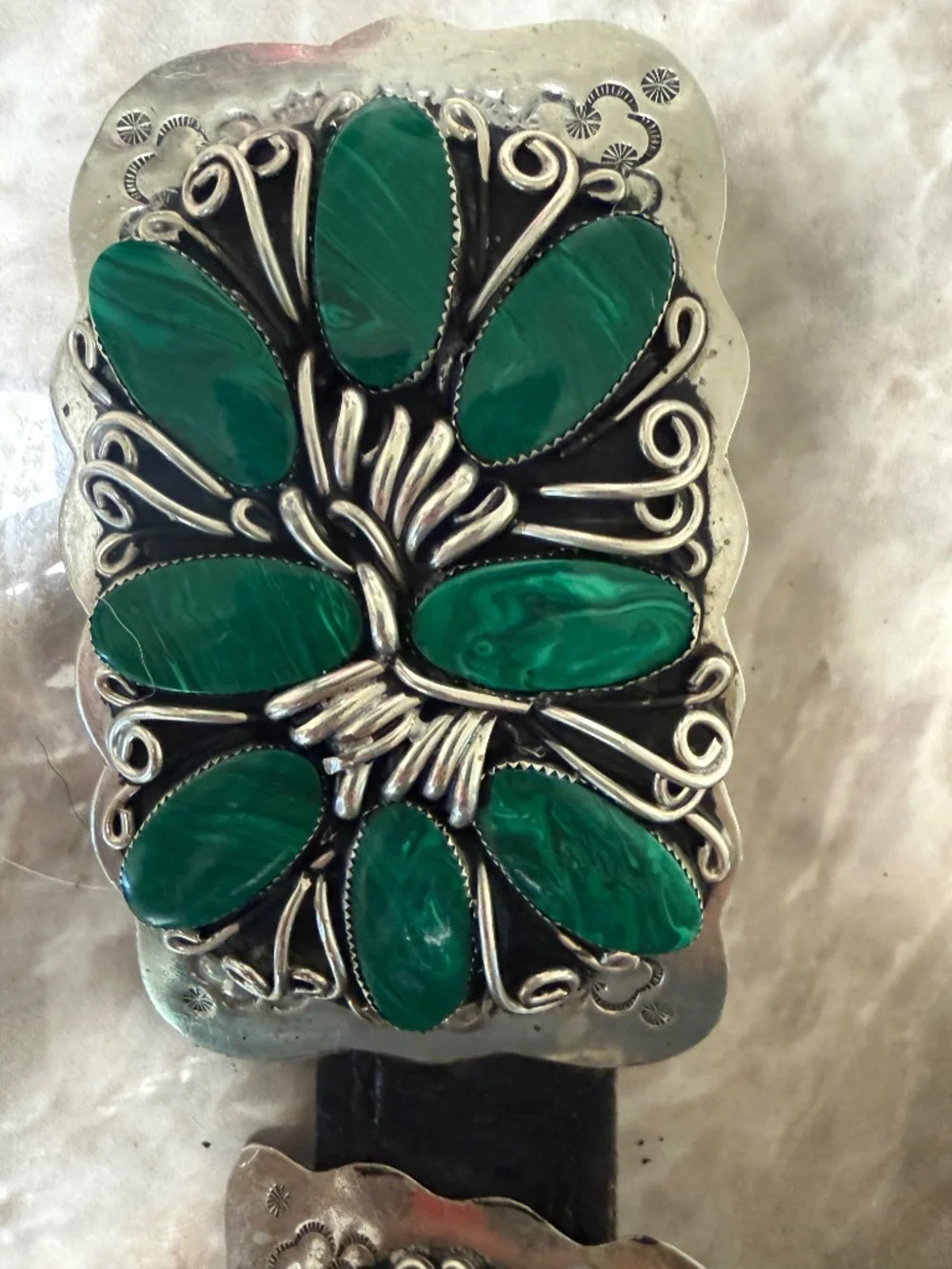Vintage Navajo Old Pawn Sterling Silver Malachite Concho Belt Handmade